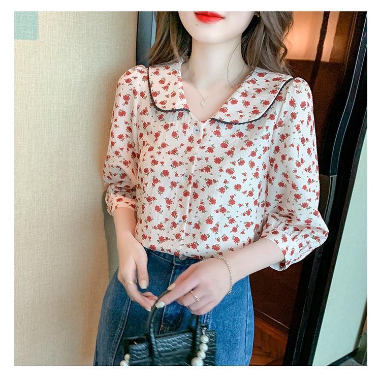 Áo Sơ Mi Chiffon Tay Lỡ Cổ Búp Bê Họa Tiết Hoa Phong Cách Mới Cho Nữ