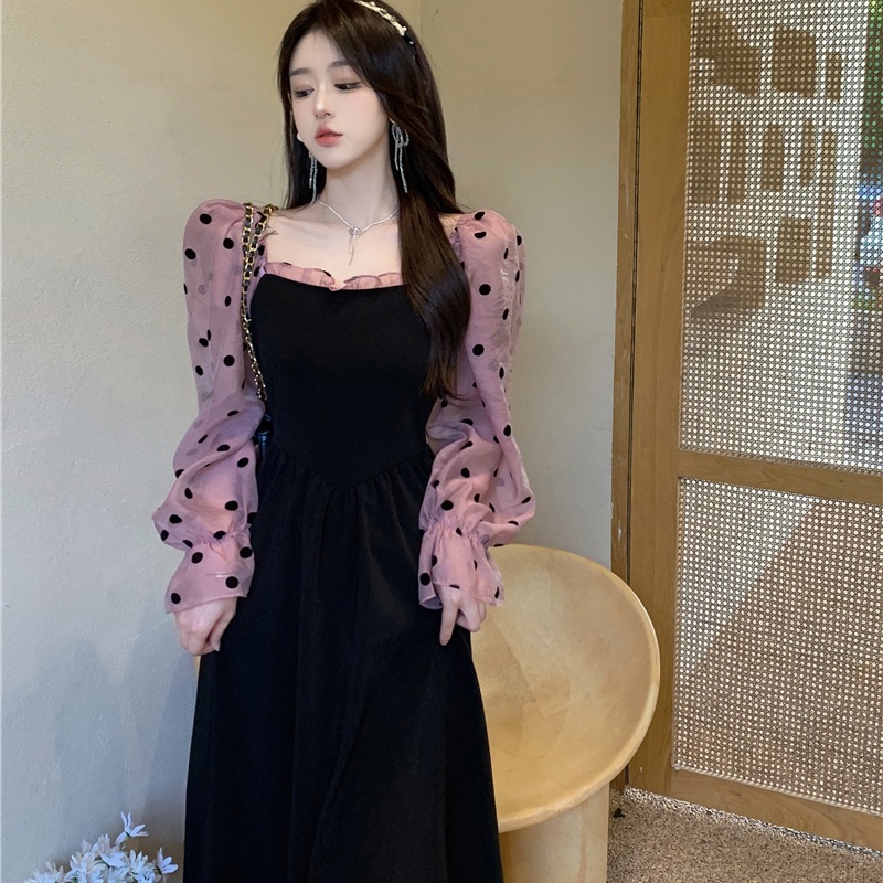 IELGY  Đầm Tay Dài Phối Lưới Dáng Ôm Phong Cách retro Pháp Thanh Lịch Dành Cho Nữ