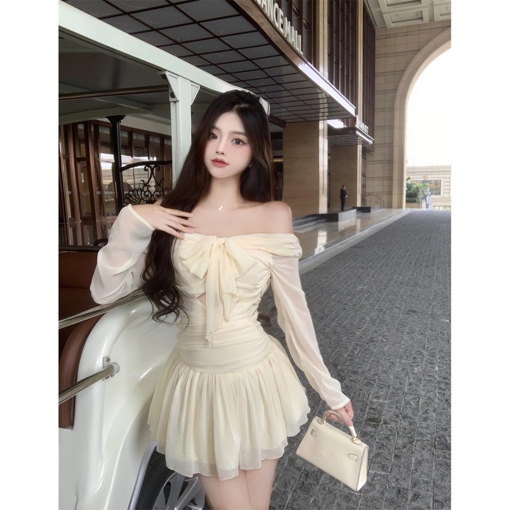 Đầm Tay Dài Lưng Cao Cột Dây Thời Trang Mùa Hè Xinh Xắn Cho Nữ