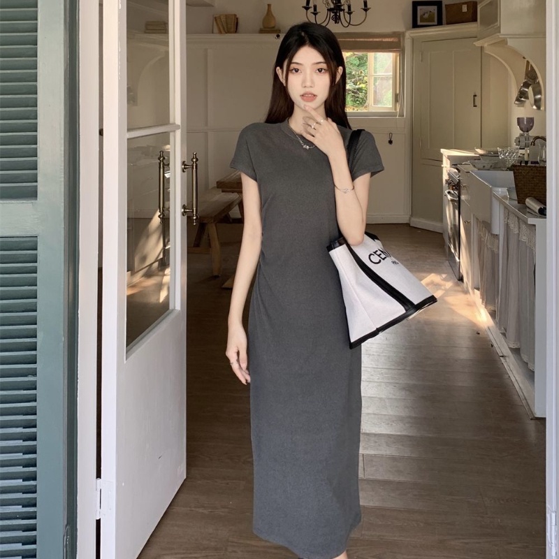 COZOK Đầm Tay Ngắn Cổ Tròn Phong Cách Hàn Quốc Thời Trang Cho Nữ