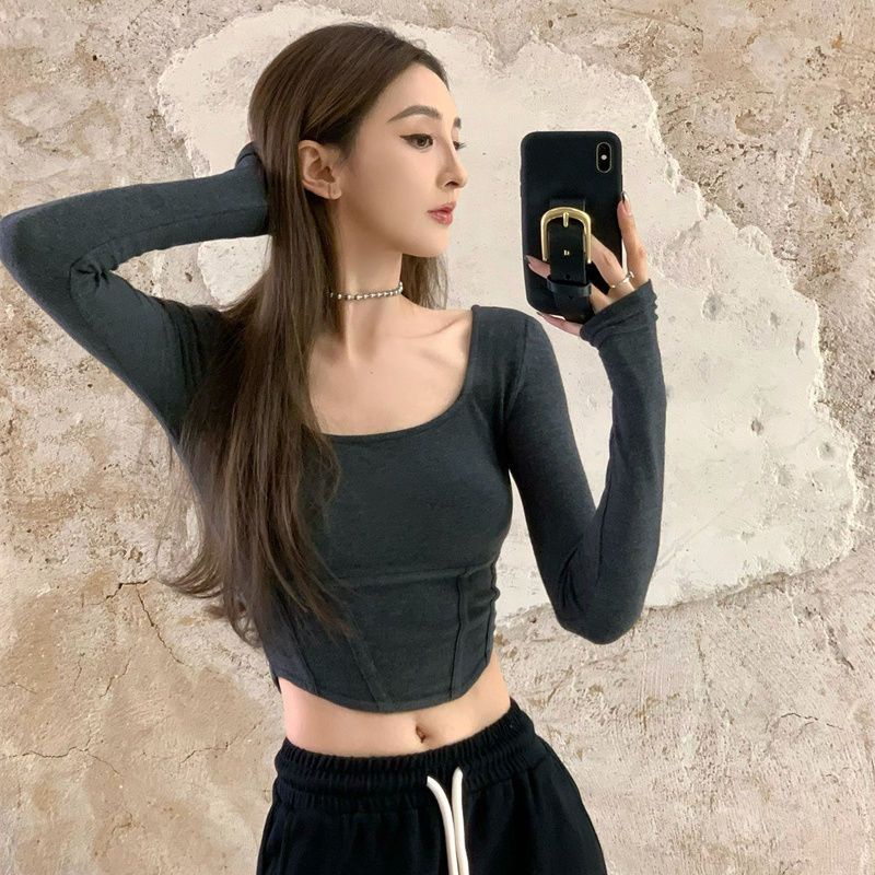 COZOK Áo Thun Tay Dài Cổ Vuông Dáng Ôm Thời Trang Xuân Thu Phong Cách Hàn Quốc Cho Nữ