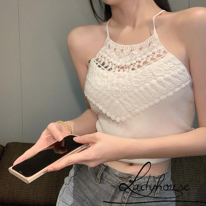 Áo Croptop Không Tay Phối Ren Hoa Thời Trang Mùa Hè Cho Nữ