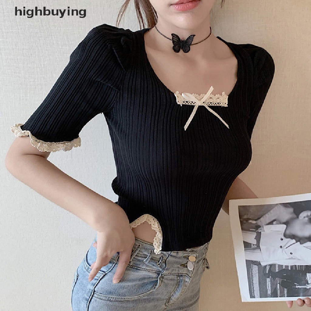 Áo Thun Croptop Dệt Kim Cổ Vuông Thắt Nơ Phong Cách Harajuku Thời Trang Mùa Hè Quyến Rũ Cho Nữ