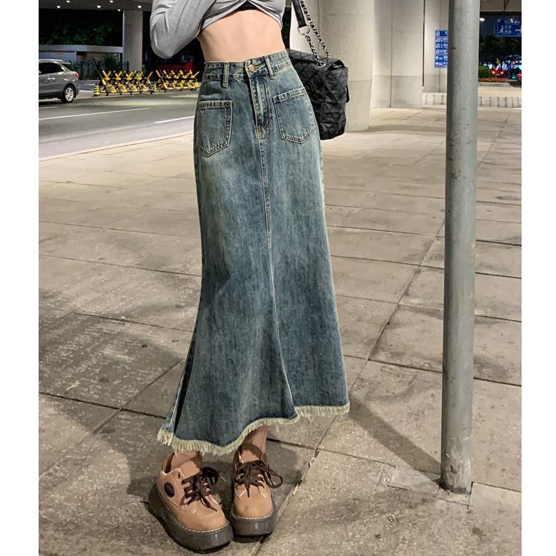 Chân váy jean Đuôi Cá Dáng Chữ A Viền Thô Phong Cách Vintage Thời Trang Mùa Hè Dành Cho Bạn Nữ
