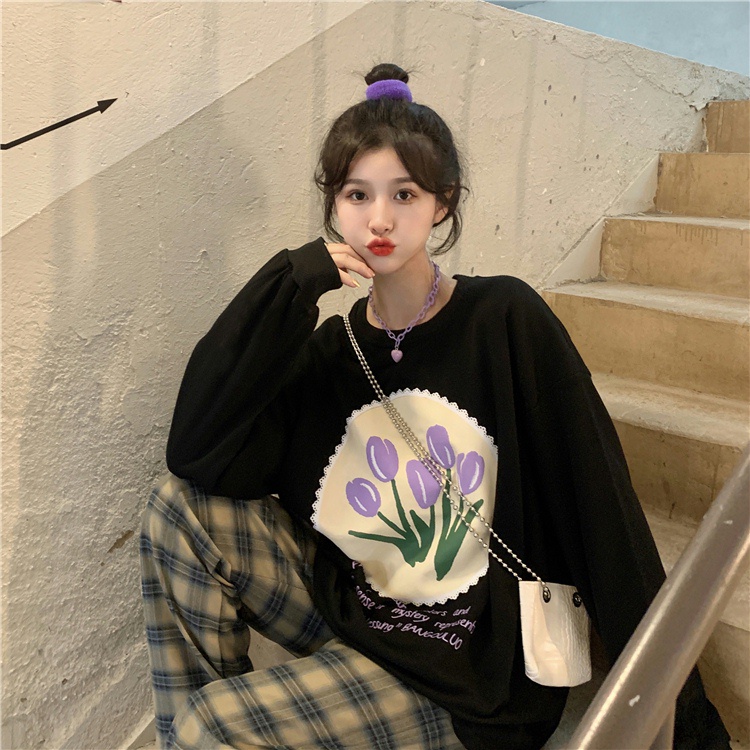 IELGY  Áo sweater Tay Dài Dáng Rộng Kiểu Hàn Quốc Thiết Kế Đơn Giản Cho Nữ