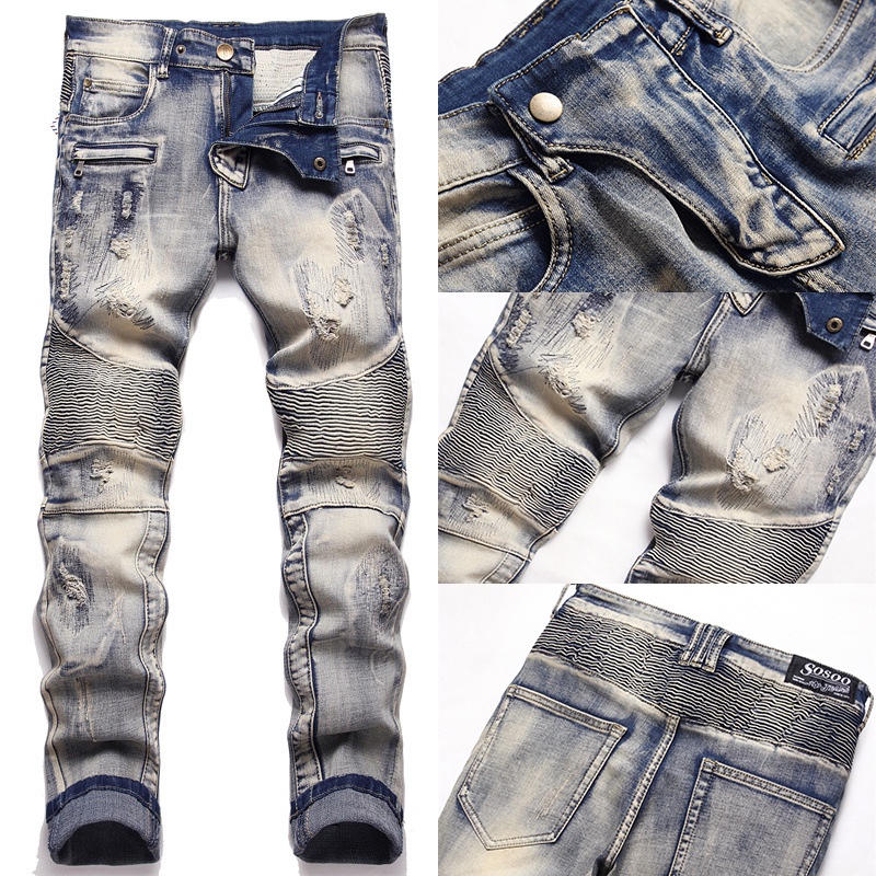 Quần Jeans Dài Phối Vết Rách Cá Tính Cho Nam