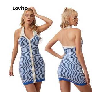 Đầm cổ yếm hở lưng Lovito L09055 màu xanh dương