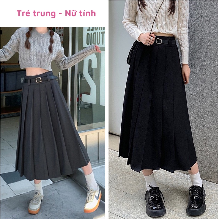 Chân váy dài Ulzzang 2 đai cạp thắt lưng xếp ly TENNIS dáng Midi xòe có BIGSIZE màu nâu đen ghi xám CV57