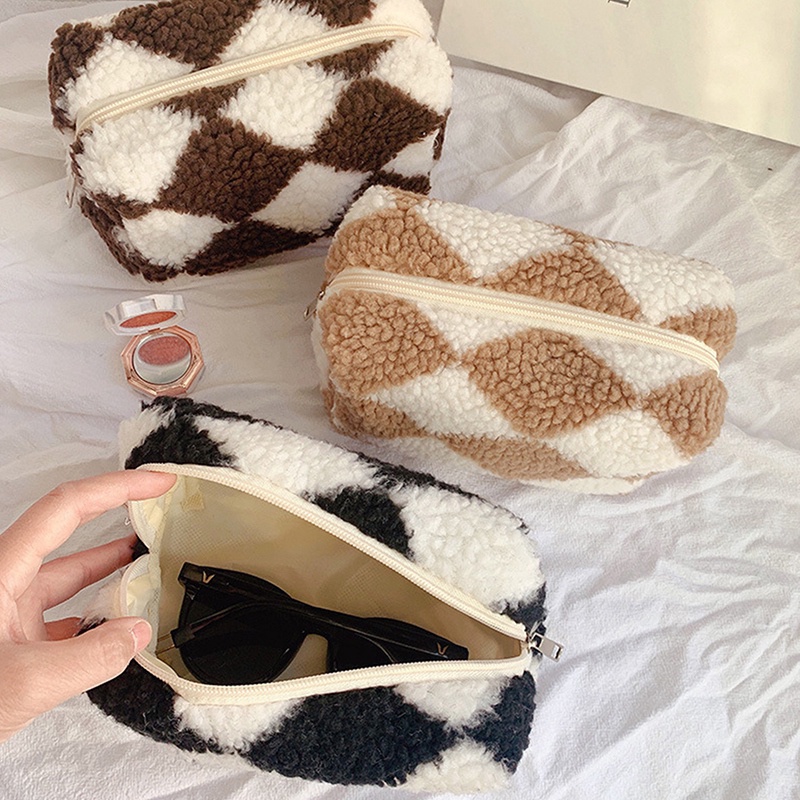 Túi Đựng Đồ Trang Điểm / Bút Chì Sức Chứa Lớn Phối Lông Họa Tiết Sọc Caro Cho Học Sinh