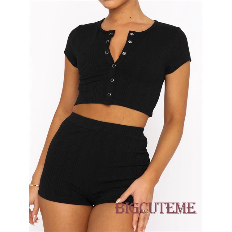 Set Đồ Mùa Hè 2 Món Gồm Áo Tay Cộc Cổ Tròn Cài Nút + Quần Ngắn Lưng Cao Màu Trơn Cho Nữ