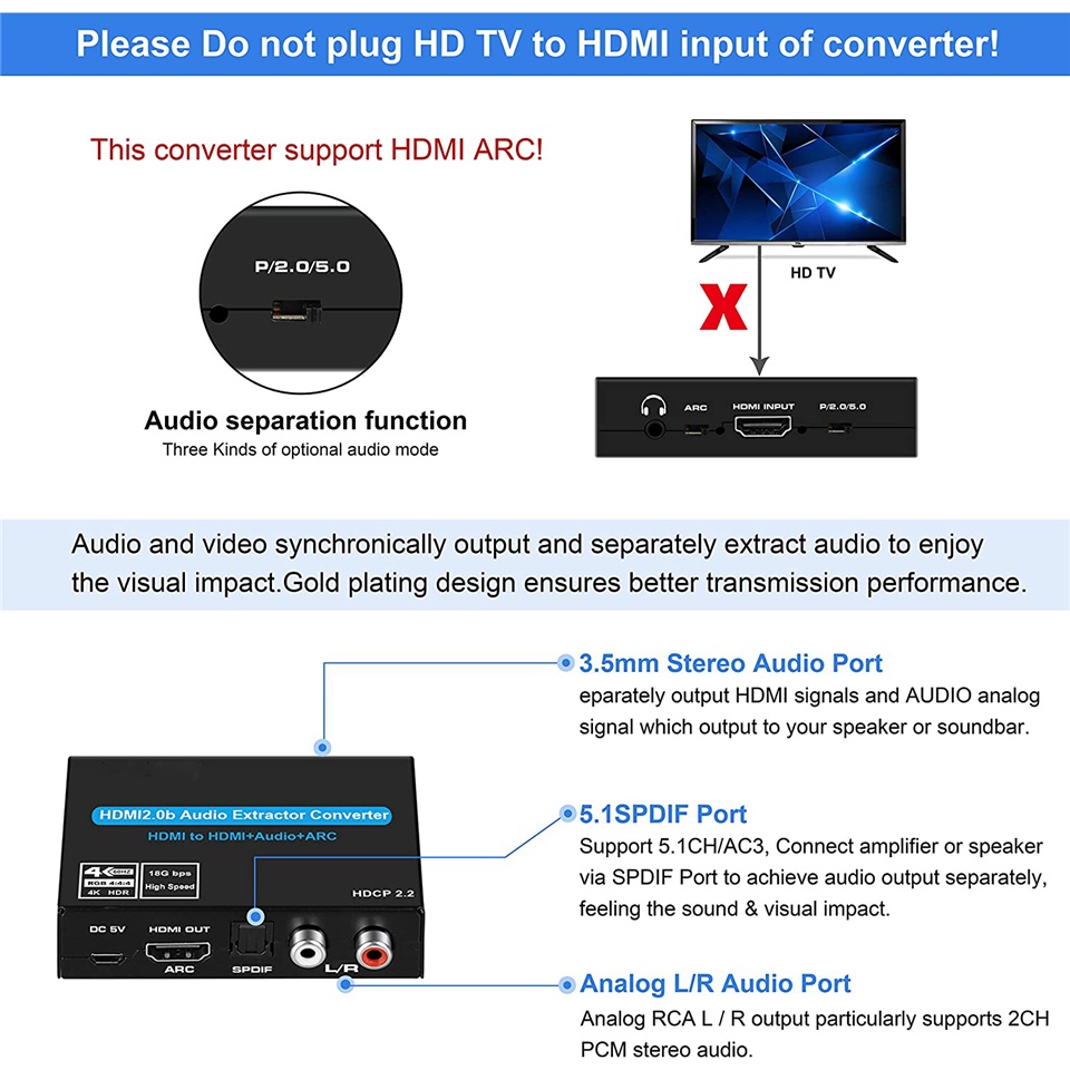 Bộ ChuyểN Âm Thanh 4K 60Hz HDMI 2.0, Hỗ Trợ 5.1Ch HDMI2.0b HDMI Sang HDMI Cho Apple TV PS4