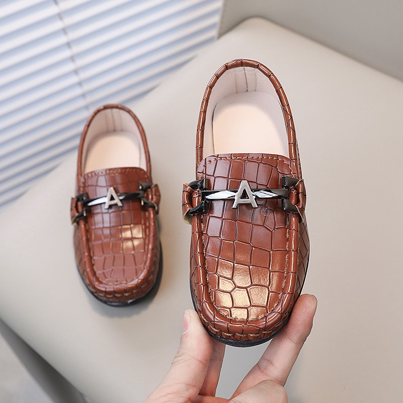 Giày Lười Da Đế Bằng Phối Dây Xích Kim Loại Kiểu Cổ Điển Thời Trang Dự Tiệc Cưới Cho Bé Trai