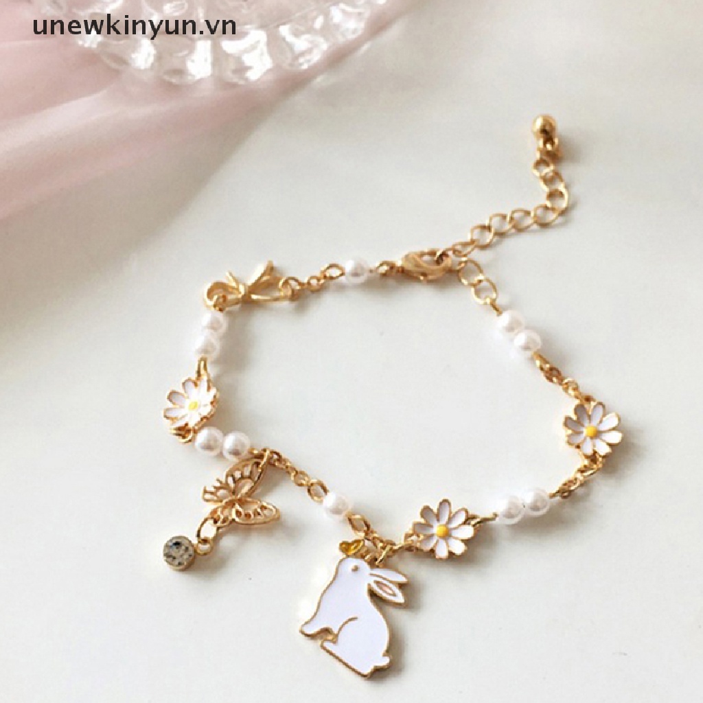 Vòng Tay Hình Thỏ Và Hoa Đính Ngọc Trai Nhân Tạo Thanh Lịch Cho Nữ