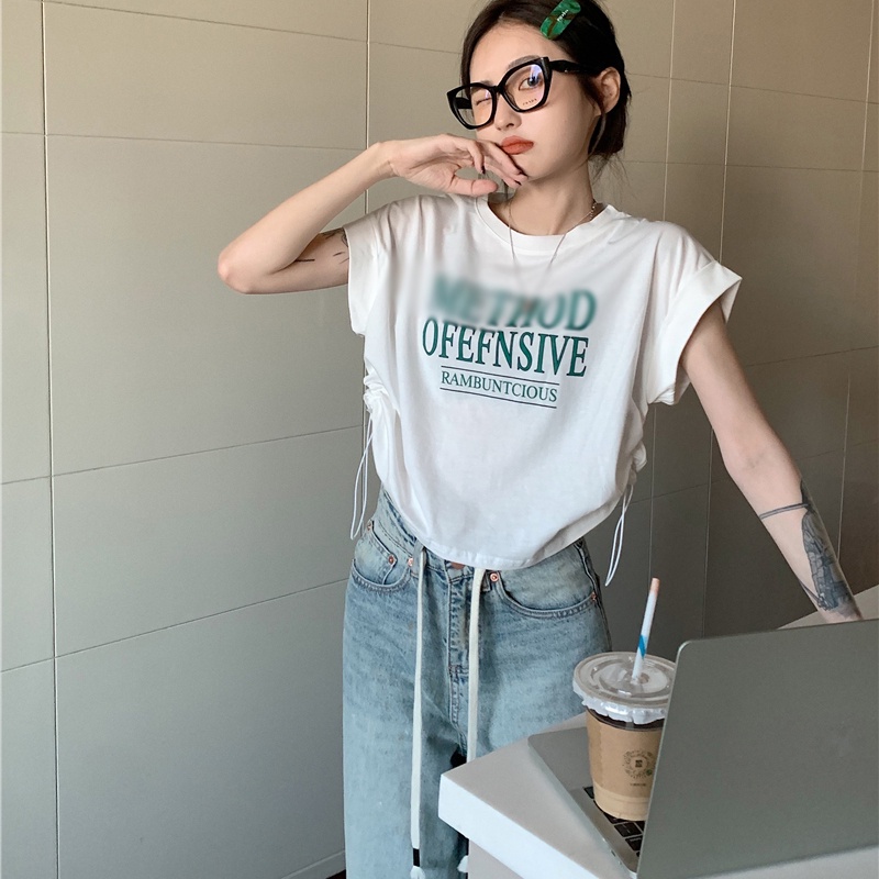 IELGY  Áo Thun Xám Tay Ngắn Phối Dây Rút In Họa Tiết Thời Trang Cho Nữ