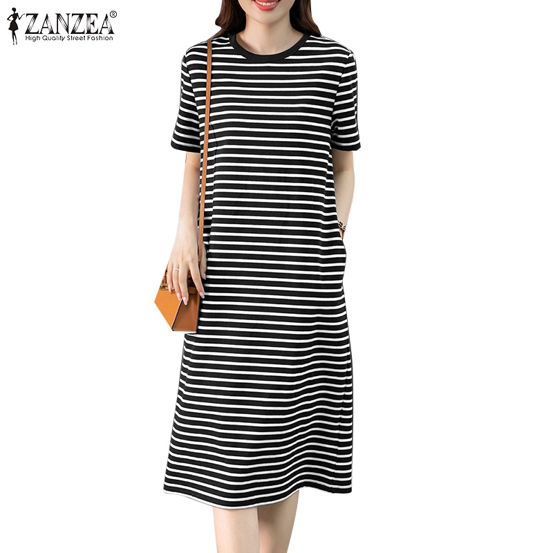Đầm ZANZEA tay ngắn cổ tròn in họa tiết kẻ sọc phong cách Hàn Quốc thời trang cho nữ