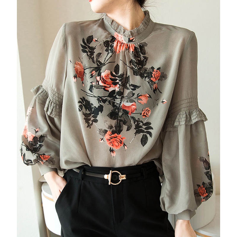 Áo Sơ Mi Tay Phồng Cổ Đứng Cỡ Lớn Thoáng Khí Thoải Mái Thời Trang Phong Cách Hàn Quốc