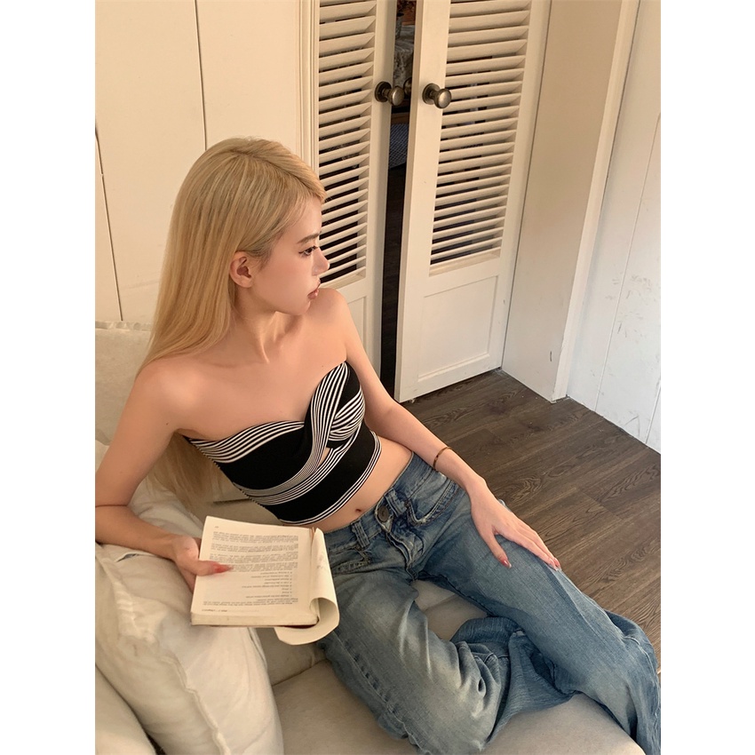 QADCOL  Áo Quây Ngực Không Dây Hở Lưng Ôm Dáng Họa Tiết Sọc Chéo Thời Trang Mùa Xuân Cho Nữ