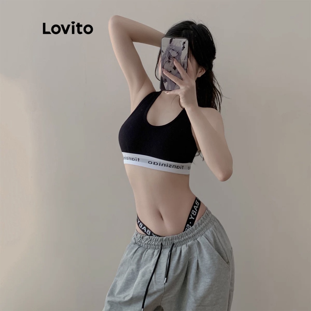 Áo ngực thể thao Lovito liền mảnh phối đệm có thể tháo rời được màu trơn tập yoga L15X188 (Màu đen)