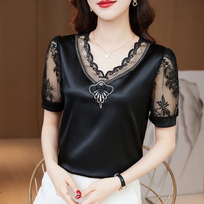 Áo Sơ Mi Chiffon Tay Ngắn Dáng Rộng Phối Ren Màu Đen Nhanh Khô Thời Trang Cho Nữ