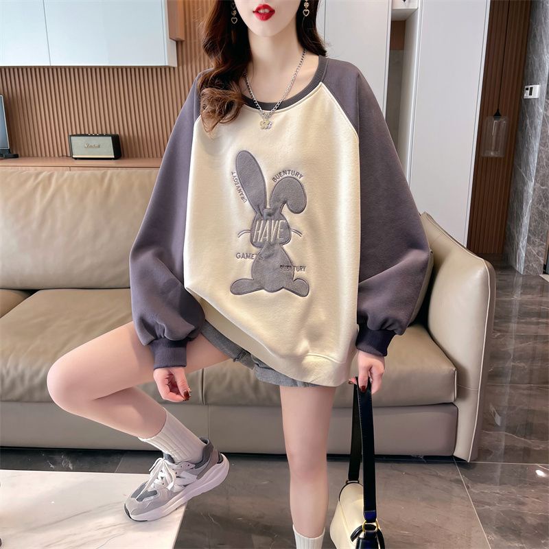 Áo Sweater Mỏng Cổ Tròn Dáng Rộng Thêu Hình Thỏ Màu Sắc Thời Trang Xuân Thu 2023 Cho Nữ
