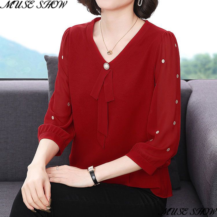 Áo Thun Tay Lửng Ôm Dáng Thời Trang Xuân Hè 2023 Màu Đỏ Dễ Phối Đồ Phong Cách Mới Cho Phụ Nữ Trung Niên 2023
