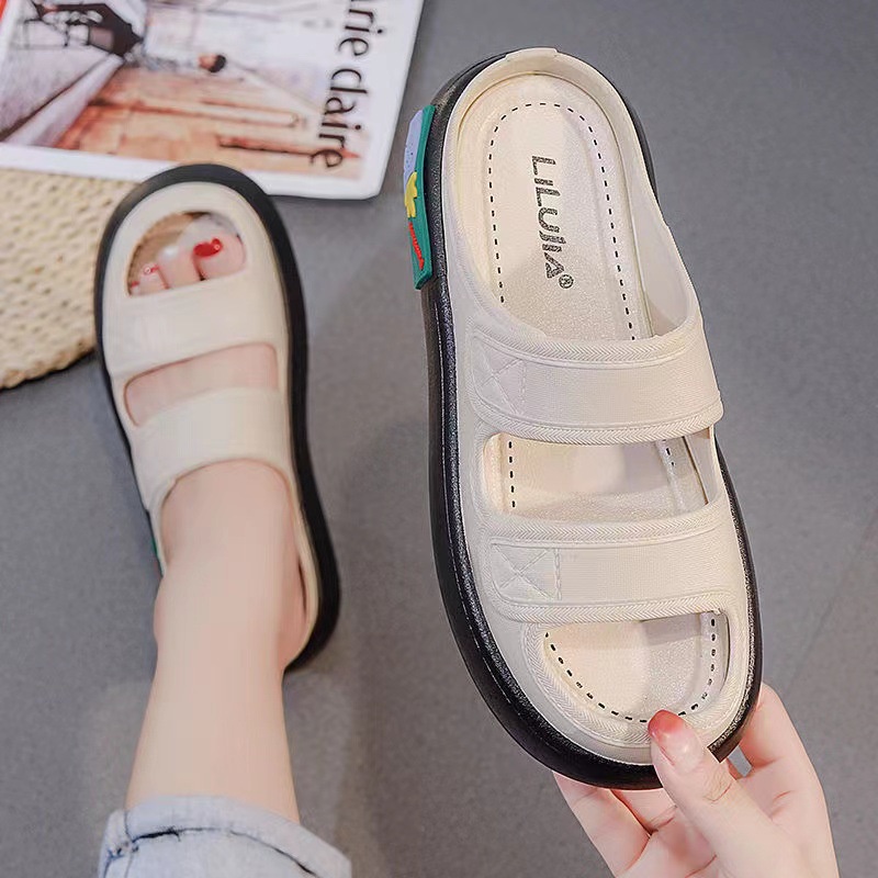 Sandal nữ Giày búp bê dép quai ngang giày lười nữ đi biển Trắng