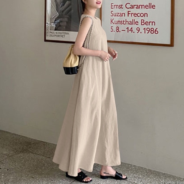 Đầm Dài Cổ Tròn Không Tay Bằng Vải Lanh Cotton Plus Size Dành Cho Nữ