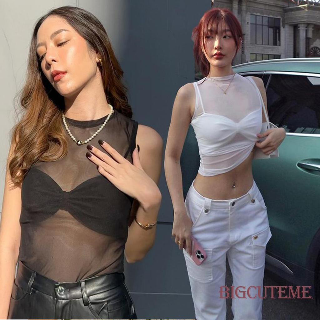 [] - Áo Sát Nách Cổ Tròn Xuyên Thấu Đi Tiệc Câu Lạc Bộ Đêm Màu Đen / Trắng Cho Nữ