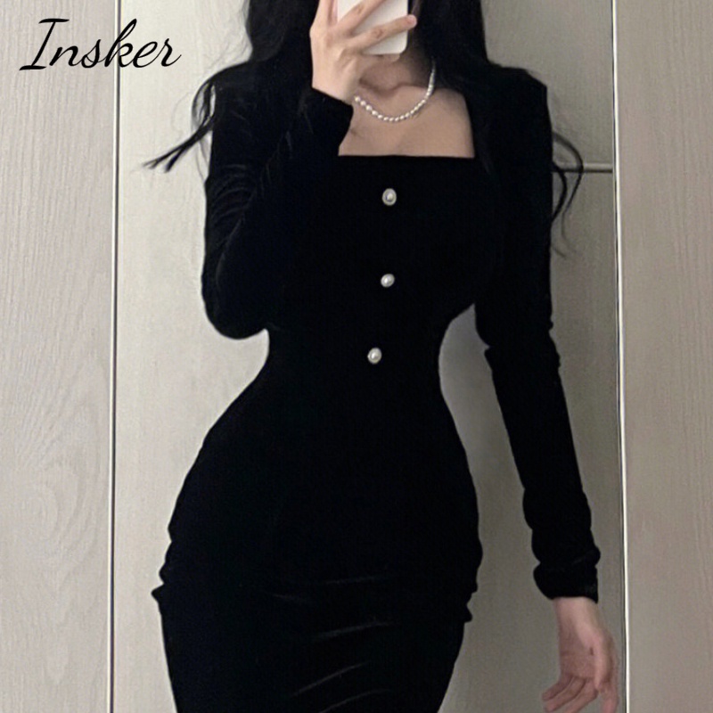 Đầm Nhung Đen Dáng Ôm Gợi Cảm Thời Trang Mùa Xuân Cho Bạn Gái