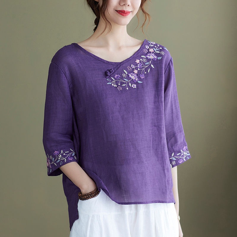 Áo Thun Cotton Tay Lửng Thêu Họa Tiết Cổ Điển Thoải Mái Cao Cấp