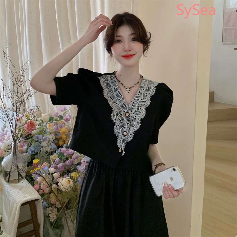 Áo Kiểu Tay Phồng Ngắn Cổ Chữ V Phối Ren Thời Trang Trẻ Trung Cho Nữ