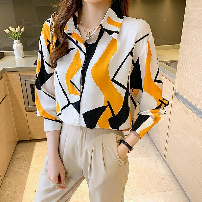 Áo Sơ Mi chiffon Tay Dài Dáng Ôm In Họa Tiết Độc Đáo Thời Trang Hàn Quốc Dễ Phối Đồ Cho Nữ
