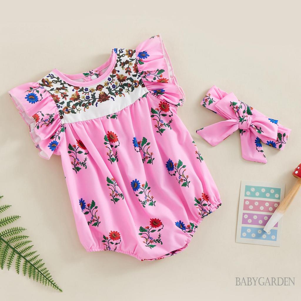 Bộ Áo Liền Quần Tay Cánh Tiên In Hoa Kèm Băng Đô Xinh Xắn Cho Bé Gái