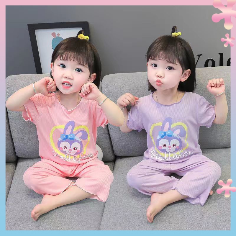Bộ Đồ Ngủ Tay Ngắn Bằng Lụa Lạnh Mỏng Họa Tiết Thỏ Dành Cho Trẻ Em