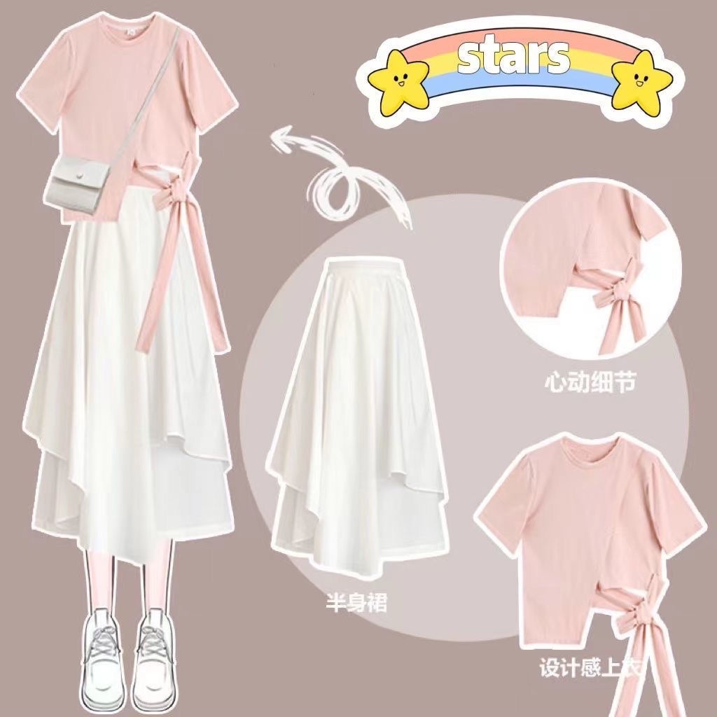 Set Áo Thun Ngắn Tay Và Chân Váy Vạt Lệch Thời Trang Mùa Hè Phong Cách Mới Cho Nữ