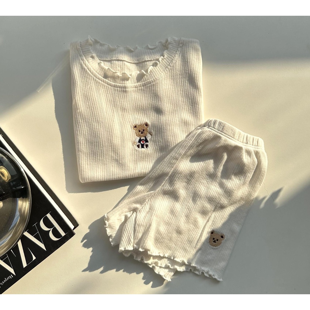 Set ba lỗ bé gái vải dư Hàn thêu gấu thỏ