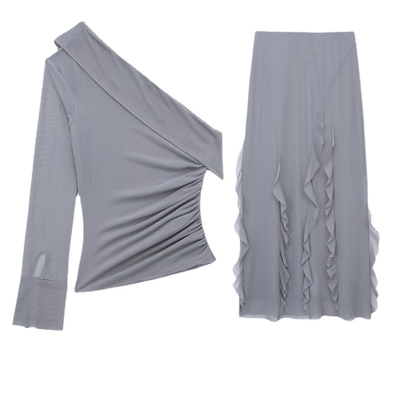Zara Bộ Áo Lưới Xếp Ly Ôm Dáng Phối Bèo + Chân Váy Lưng Cao Thời Trang Cho Nữ 5039 / 308
