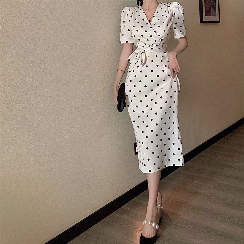 IELGY  Đầm Tay Phồng Họa Tiết Chấm Bi Cột Dây Phong Cách Pháp Thanh Lịch Cho Nữ