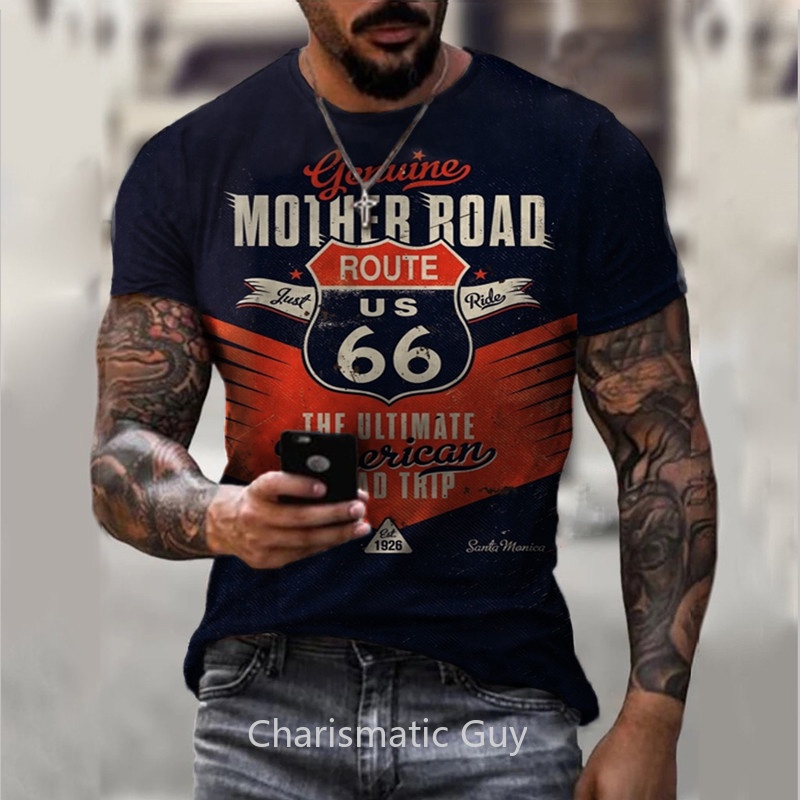 Áo Thun Tay Ngắn In Chữ Route 66 3D Phong Cách Vintage Thời Trang Mùa Hè Cho Nam