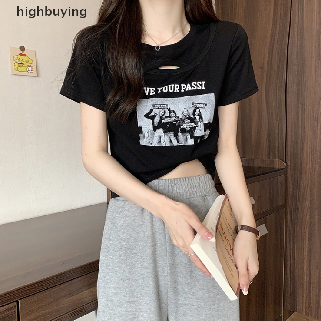 Áo Thun Lửng Ngắn Tay Cổ Tròn In Họa Tiết Vintage Cho Nữ