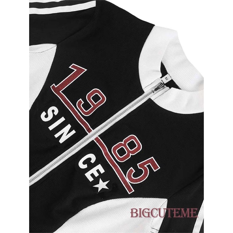 Áo Croptop Dệt Kim Tay Ngắn Cổ Đứng Có Khóa Kéo In Chữ Thời Trang Cho Nữ