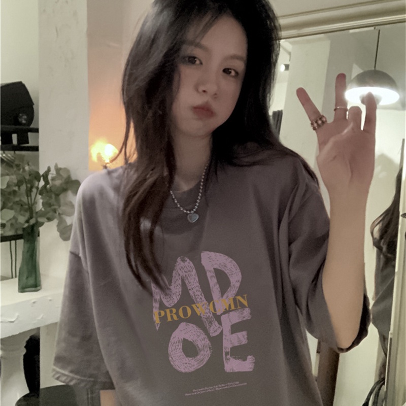 IELGY    Áo Thun Tay Ngắn In Chữ Màu Xám Dễ Phối Đồ Thời Trang Cho Nữ