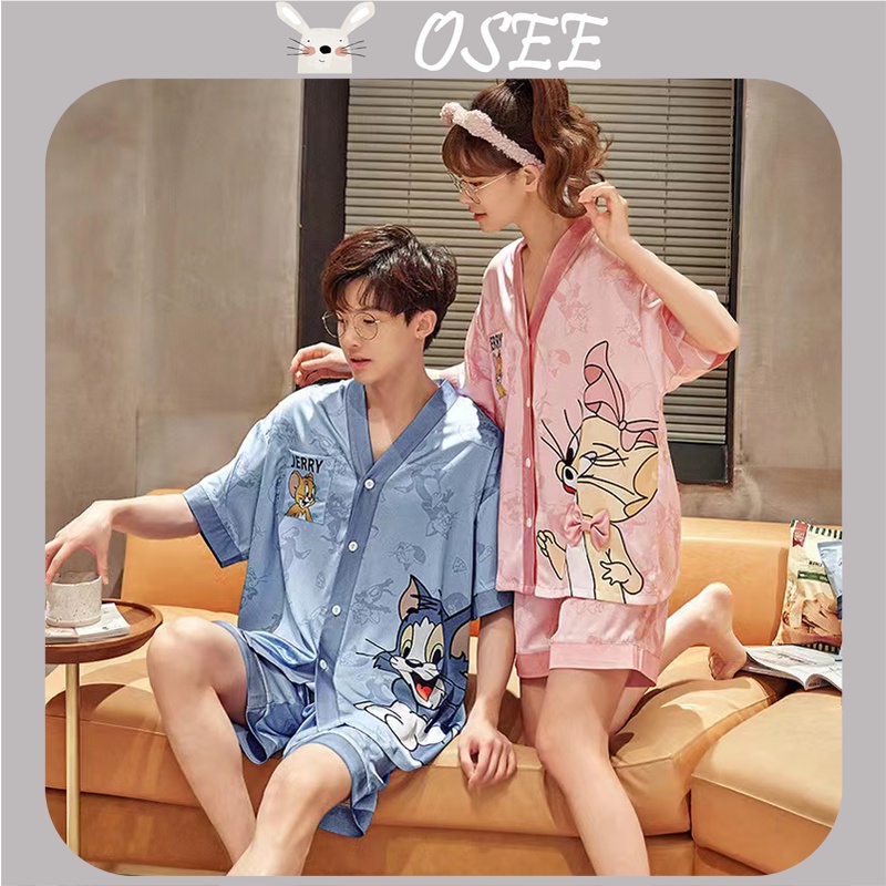 Bộ Đồ Ngủ Ngắn Tay Vải Lụa Lạnh Mỏng Cao Cấp Cổ Chữ V In Họa Tiết Hoạt Hình Thời Trang Xuân Thu Cho Cặp Đôi