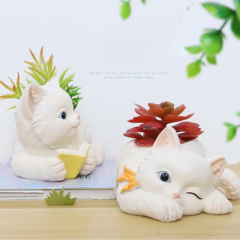 Chậu Cây Cảnh Bằng Gốm Sứ Hình Mèo Trắng Dễ Thương