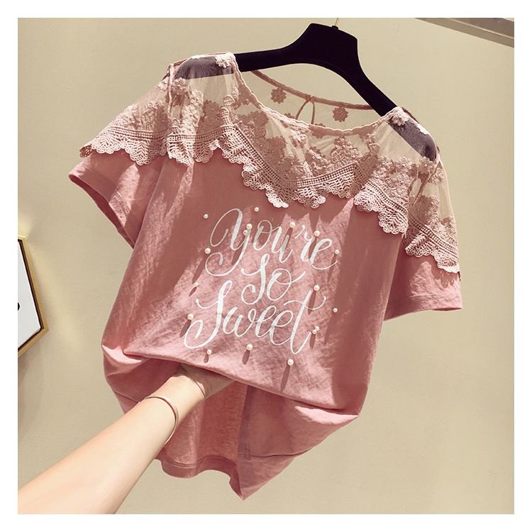 Áo Thun Tay Ngắn Phối Ren Đính Hạt Thời Trang Hàn Quốc 2023 Cho Nữ