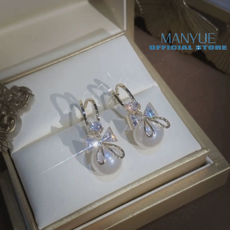 Khuyên tai MANYUE mạ bạc 925 kiểu nơ đính đá phối ngọc trai thời trang xinh xắn