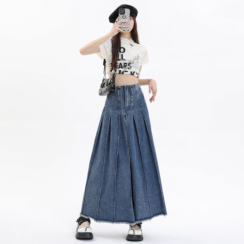 Chân Váy Denim Xếp Ly Dáng Chữ a Lưng Cao Phong Cách Retro Mùa Xuân 2023 Mới