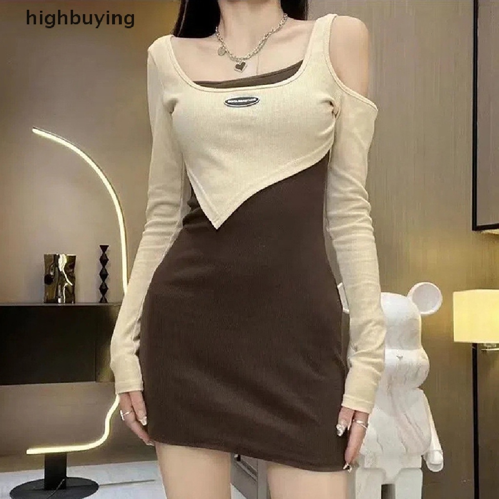 Hbvn Belle Đầm Mini Dài Tay Trễ Vai Giả Hai Mảnh Ghép Nối Kiểu Harajuku Đường Phố Gợi Cảm Cho Nữ Y2k