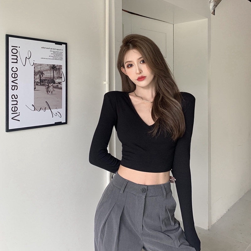 IELGY   Áo Thun Tay Dài Cổ Chữ v Ôm Dáng Thời Trang Cho Nữ