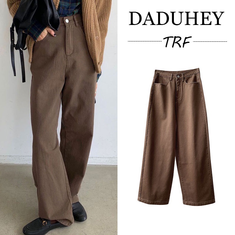 Quần jeans cạp cao ống rộng thời trang nữ Hàn Quốc 2023